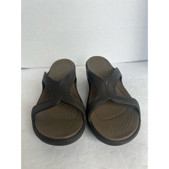 Crocs Dual Comfort Sanrah Brown Strap Wedge Slide Sandals Sz 10 - Picture 4 of 11